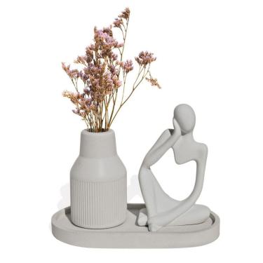 Imagem de Kit 3 Peças Decoração Estátua Pensadora Garrafa Tubo Listrada E Bandeja Cinza