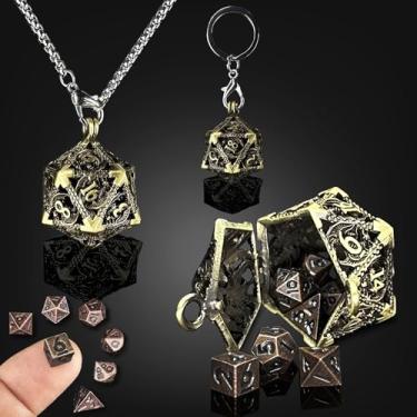 Imagem de HAOMEJA DND Metal Mini Dice Set 7pcs Tiny Small Polyhedral D&D Dice Set with Hollow D20 Necklace & Keychain Portable & Dragon Eye Bag Apply to Dungeons and Dragons Dice (Bronze & Mini Red Copper)