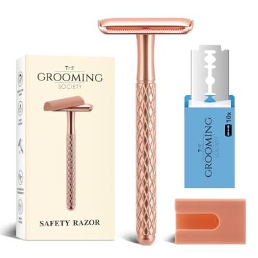 Imagem de The Grooming Society Navalha de segurança de borda dupla para mulheres com capa de silicone e 10 lâminas para viagem, metal ecológico, reutilizável, lâmina única para barbear (ouro rosa)