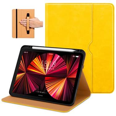 Imagem de DTTO Capa para iPad Pro de 11 polegadas 2ª/3ª geração 2021/2020/2018, capa de couro sintético premium com alça de mão, também serve para iPad Air 4/5 - despertar/hibernar automático e vários ângulos de visualização, amarela