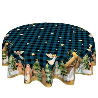 Imagem de VentuCoven Toalha de mesa redonda de Natal de 152 cm azul buffalo, xadrez, círculo, estrela, árvore de Natal, toalha de mesa circular de poliéster para decoração de férias de cozinha festiva
