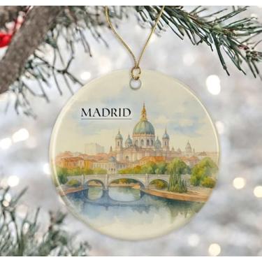 Imagem de Enfeite de aquarela Madrid Espanha - Lembrança de Natal de cerâmica - Aniversário de lua de mel - Lembrança de viagem - Presente de inauguração de casa - Presente para amante de Madri impresso em