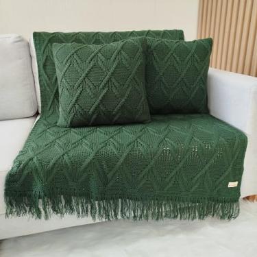 Imagem de Kit Manta Tricot Luxo 150x90cm + 2 Almofadas com Enchimento | Zíper Invisível | Fibra Siliconada | Sofá Sala | Xale Decorativo Elegante L05 (Verde Olive)