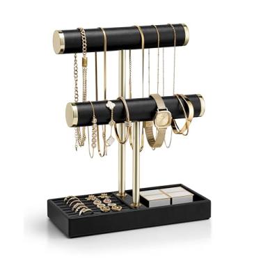 Imagem de Vlando Organizador de pulseira de 2 camadas com bandeja - organizador de joias de couro para mulheres - expositor de joias para colar, relógios, anéis, brincos, pulseira, scrunchie - preto