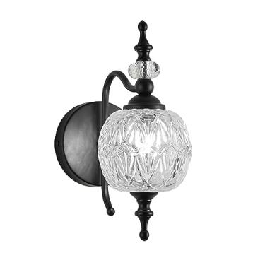 Imagem de TLOLGT Luminária de parede preta de 1 luz com cúpula de vidro de cristal vintage arandelas de parede de banheiro retrô para quarto, sala de estar, casa de fazenda