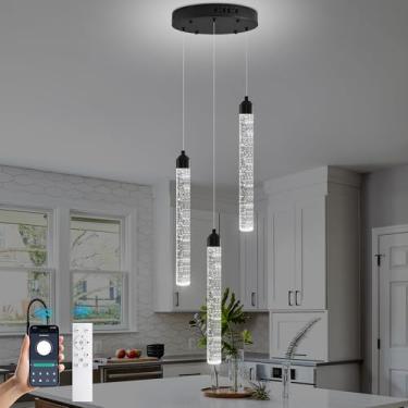 Imagem de Upfelw Lustre Crystal Kitchen Island, Moderno Preto Espiral Regulável LED Cluster Gota de Chuva Lustre Iluminação, Bolha Sala de Jantar Luminária Pendurada 3 Luzes Controle Remoto