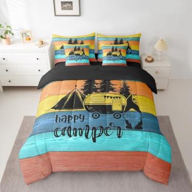 Imagem de Erosebridal Conjunto de edredom com lençóis, 7 peças, solteiro, casa de fazenda, rústica, retrô, tábuas de madeira, acessórios para acampamento, para interior, azul e amarelo