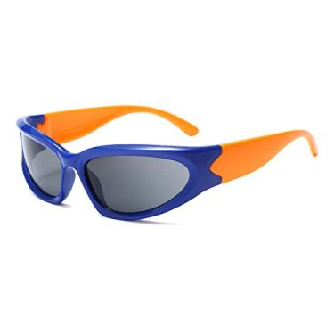 Imagem de Long Keeper Óculos de sol infantil com formato oval futurista para meninas, meninos, proteção UV400 (azul, laranja, cinza)