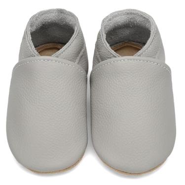 Imagem de Aijoviko Botas de couro genuíno para bebês, sola macia, sapatos de caminhada flexíveis e respiráveis para primeiros andadores, meninos e meninas, Cinza-claro, 18-24 Months Toddler