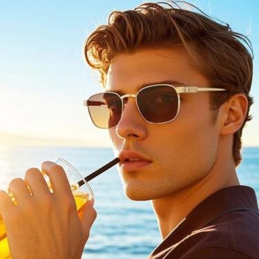 Imagem de Óculos de sol quadrados com armação de metal – Óculos de sol com design gradiente elegante para o verão, viagens e atividades ao ar livre, Moldura dourada brilhante/fatias de chá progressivas