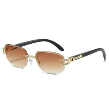 Imagem de Óculos de sol femininos luxuosos, sem armação, com gradiente, personalidade, design de armação de diamante, óculos casuais masculinos, UV400 (chá dourado)