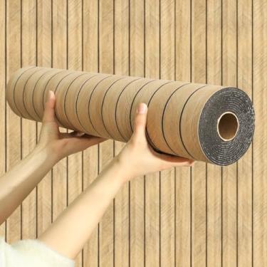 Imagem de Chejiaye Painel de parede 3D de ripas de grão de madeira -60 cm x 39 cm Adesivo de parede autoadesivo à prova de som, papel de parede de ripas de PVC removível resistente à umidade e painéis de espuma