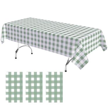 Imagem de KAshack 3 toalhas de mesa xadrez verde e branca, toalha de mesa descartável de plástico 137 x 272 cm, toalhas de mesa guingão verde, capa de mesa impermeável para churrasco, festa, aniversário