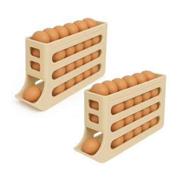 Imagem de Kit 2 Porta Ovos Organizador Geladeira Suporte Bandeja Dispenser Deslizante Rolante 4 Andares(Bege)