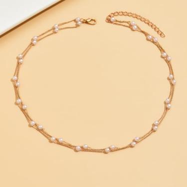 Imagem de Colar feminino de pérolas em camadas douradas, colar delicado de corrente dupla, elegante e minimalista em camadas