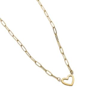 Imagem de Colar de coração feminino ouro 14K tom prata aço inoxidável oco clipe de papel colar de corrente minimalista joia 43 cm + 5 cm, 18", Metal, Sem Pedra Preciosa