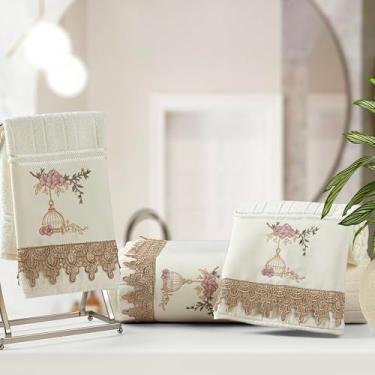 Imagem de Jogo de Toalhas Döhler Bordada com Renda Guipir - 2 Peças (Banho e Rosto) - Algodão, 400g/m², Toque Aveludado, Alta Absorção (Gaiolinha)