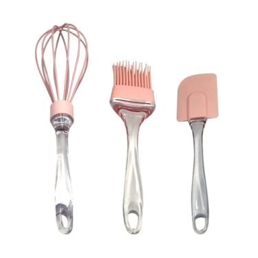 Imagem de Conjunto de Utensílios de Cozinha em Silicone, Rosa, 3 Peças, Batedor, Pincel e Espátula com Cabo Transparente