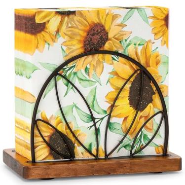 Imagem de SUNNEKO Porta-guardanapos de metal e madeira para mesas, suporte de serviço de pé com base de madeira para papel quadrado, para cozinha bar de coquetel bancada de jantar