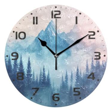 Imagem de Qilmy Relógio de parede pequeno moderno com paisagem de montanha, 25 cm, operado por bateria, silencioso, sem tique-taque, relógio decorativo para casa, escritório, escola, quarto, banheiro e cozinha
