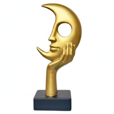 Imagem de Lodkksg Escultura de rosto de lua abstrata dourada, design de gesto de mão, decoração de arte moderna com base