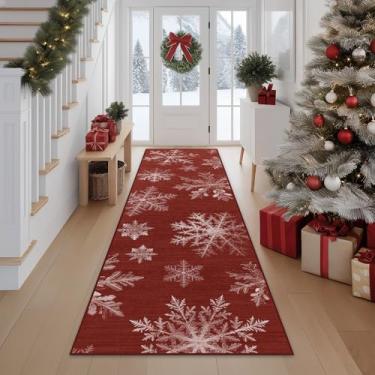 Imagem de FMFUNCTEX Tapete de corredor de Natal 7,5 x 17,8 cm, vermelho, lavável, floco de neve, Natal, antiderrapante, com pelo baixo, para uso interno, para cozinha, sala de estar, quarto, banheiro