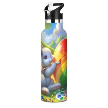Imagem de Joisal Garrafa de água de ovos coloridos de coelho da Páscoa para adolescentes com tampa de palha, garrafas de água isoladas de aço inoxidável, livre de BPA, copos infantis à prova de vazamento para