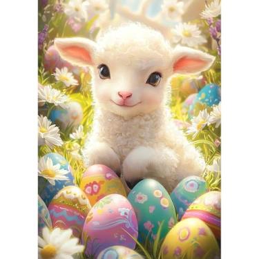 Imagem de Genius maker Kits de arte de diamante de ovo de Páscoa para adultos iniciantes - Kits de pintura de diamante de ovelha faça você mesmo 5D Broca completa diamantes pontos pinturas com pedras preciosas