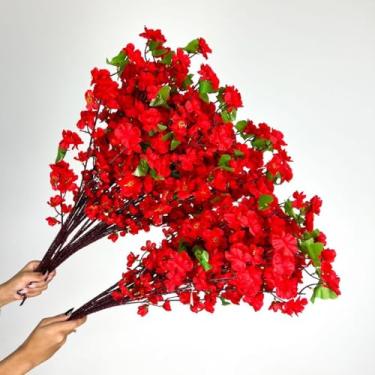 Imagem de Kit 10 a 40 Buquê de Flores de Cerejeira Artificial 65cm, Flor de Pessegueiro, Plantas e Flores Artificiais Decorativas para Arranjos e Decoração Oriental(Vermelho,KIT COM 20 UNIDADES)