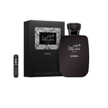 Imagem de Hawas Kobra Eau de Parfum masculino de 100 ml, perfume árabe para homem de longa duração, inclui atomizador recarregável, fragrância oriental madeirada com notas de ergamota, canela e almiscarado