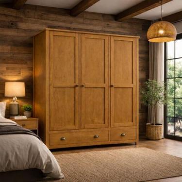 Imagem de Guarda Roupa Madeira Maciça 3 Portas Finestra Branco Marrom - LaCasaMi