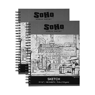 Imagem de Soho Urban Artist Pacote com 2 blocos de desenho de 23 x 30 cm, 100 folhas de papel espiral encadernado (34 kg/110 gsm) para artistas profissionais e amadores, lápis de cor, carvão e grafite para esboço