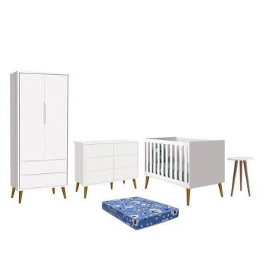 Imagem de Dormitório Theo 2 Portas, Cômoda 6 Gavetas, Berço, Mesa de Canto com Pés Amadeirado e Colchão - Reller Móveis