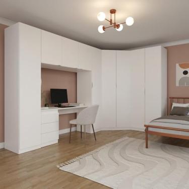 Imagem de Guarda Roupa Modulado de Canto 9 Portas 5 Peças com Escrivaninha Hera Cabecasa Madeiramadeira Branco Geada/cromado