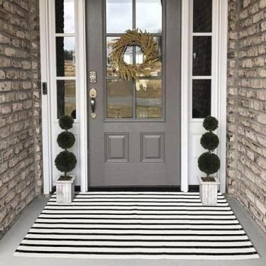 Imagem de Collive Tapete preto e branco 7,5 x 12,5 cm, lavável ao ar livre, tapete de porta de boas-vindas em camadas, tapete de chão de varanda para porta da frente/decoração externa