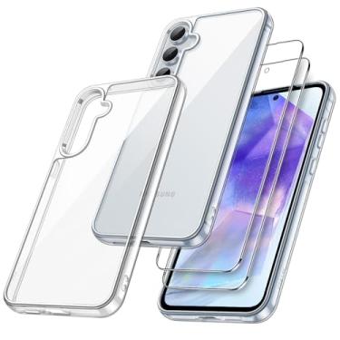 Imagem de JETech Capa 3 em 1 para Samsung Galaxy A55 5G, com Protetor de Tela de 2 Pacotes, Filme de Vidro Temperado, Case Capinha Protetora de Telefone à Prova de Choque Transparente Traseira (Claro)
