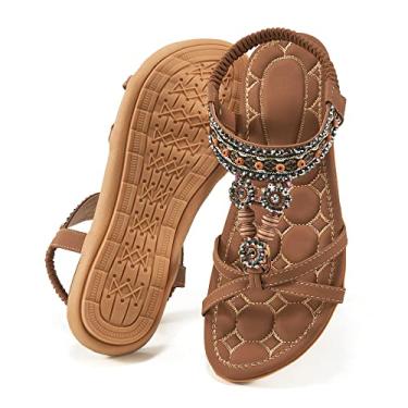 Imagem de Sandálias femininas elegantes de verão: sapatos rasos confortáveis boêmios com tira elástica no tornozelo sandálias de caminhada na praia para mulheres, Marrom, 01, 36