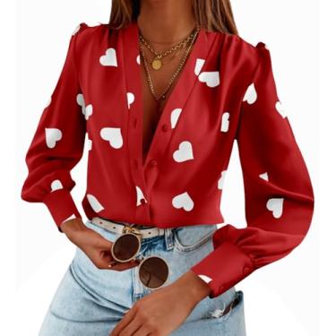 Imagem de Blusas femininas casuais de negócios verão manga longa de seda com botões e decote em V blusas de chiffon.., Vermelho, M