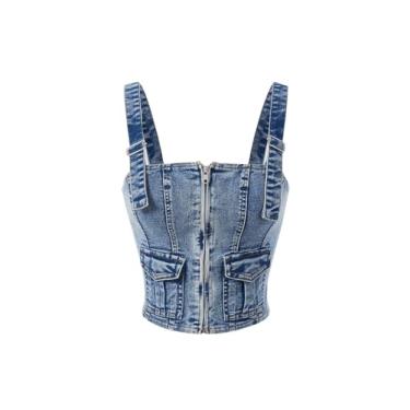 Imagem de WDIRARA Camiseta feminina com zíper frontal jeans cropped alças finas sem mangas slim fit, Lavagem escura, M