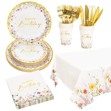 Imagem de Crisky Conjunto de 24 talheres descartáveis florais dourados de flores silvestres para decorações de festa de aniversário (pratos, guardanapos, copos, toalha de mesa, faca e garfo)
