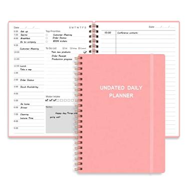 Imagem de Tiankool Agenda diária sem data, agenda sem data com horários por hora, itens prioritários e lista de tarefas, caderno organizador diário A5 para aumentar a produtividade, 14 x 21 cm, rosa