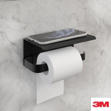 Imagem de Porta Papel Higiênico Suporte Para Celular Preto Fixação Adesiva 3M - 