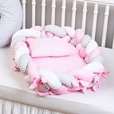 Imagem de Kit Ninho Redutor Trançado Para Berço Baby Menina Nuvem Rosa 4 Peças -