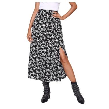 Imagem de Floerns Saia midi feminina Boho floral cintura alta dividida A Line, Preto Disty Floral, PP