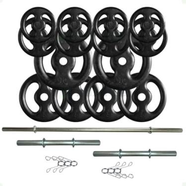 Imagem de Kit 60 Kg de Anilhas Ferro + 2 Barras Maciças Zincada 40cm e Barra de 150cm