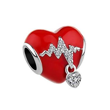 Imagem de MiiFort Coração vermelho cintilante com pingente de batimento cardíaco compatível com pulseiras Pandora Charms Moments Crystal Clear Birthstones CZ, One Size, Cobre, Sem Pedra Preciosa