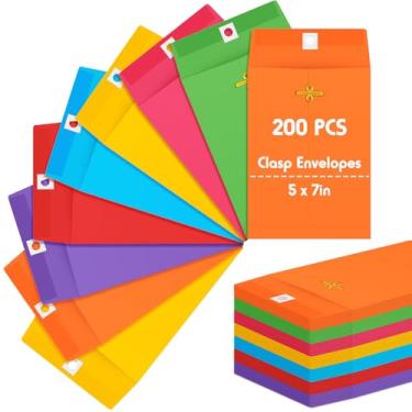 Imagem de Geyee 200 envelopes de manilla com fecho de 12,7 x 17,78 cm, fecho de goma, envelopes de papel kraft de 12,7 kg para armazenamento ou envio em casa, escritório comercial (multicolorido)