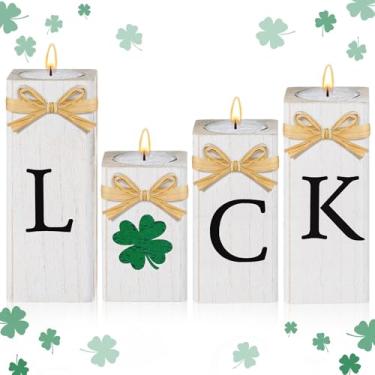 Imagem de DoubleFill 4 peças de castiçais tealight de dia de São Patrício castiçais de madeira irlandesa para mesa do dia de São Patrício centros de mesa de madeira decoração de mesa