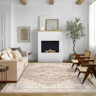 Imagem de BILEEHOME Boho Farmhouse Tapete de quarto lavável, fácil de limpar, resistente a manchas, vintage, rústico, neutro, persa, para sala de jantar, embaixo da mesa, marrom claro bege com estampa de