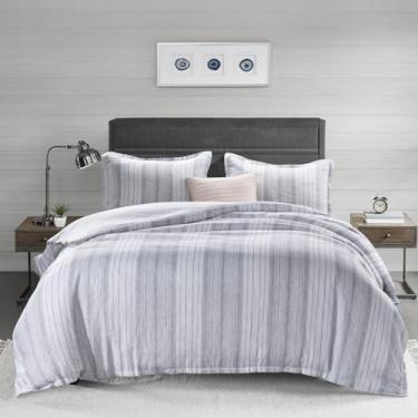 Imagem de meadow park Conjunto de capa de edredom 100% linho francês lavado com pedra - super macio, tamanho king 264 x 233 cm - fronhas 51 x 91 cm, listras - fecho de botão - laços de canto, branco